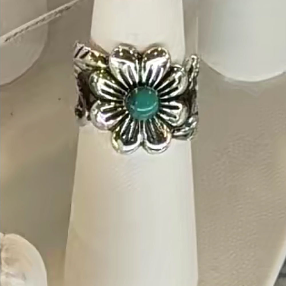 Silver Floral Ring with Turquoise Accent